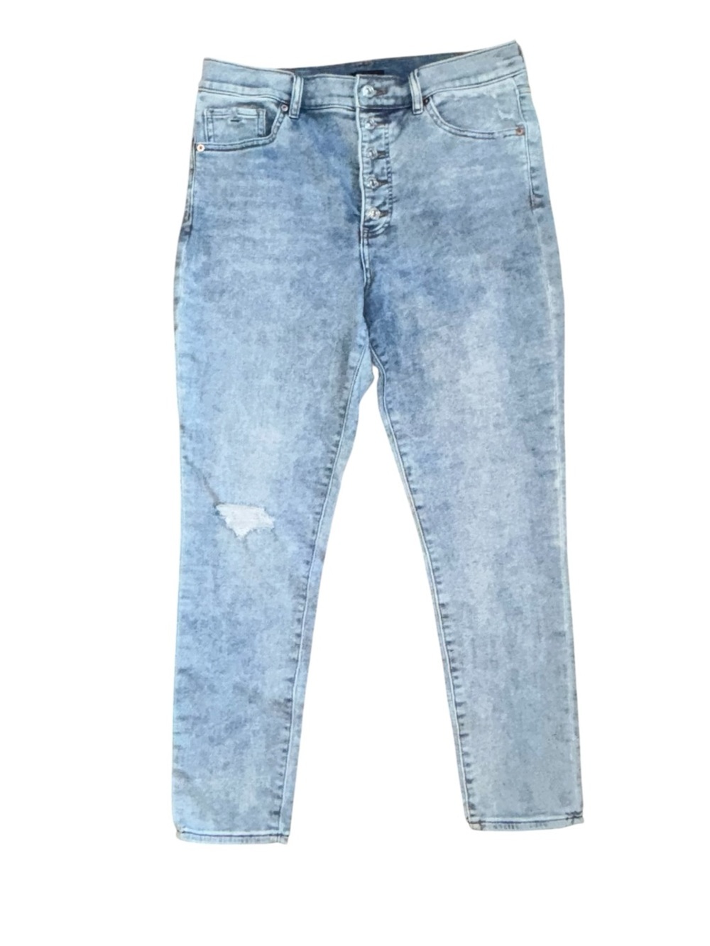 Express high rise skinny acid wash jeans; button fly size 12R